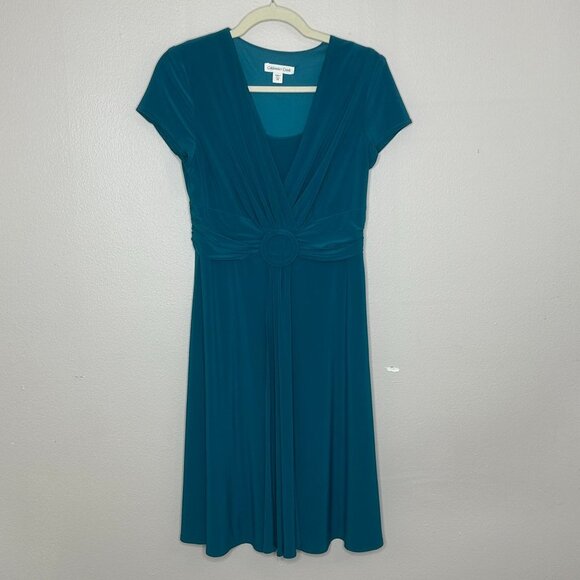 COLDWATER CREEK Teal Green Jersey Dress with Waist Ruching 8P - Picture 1 of 10